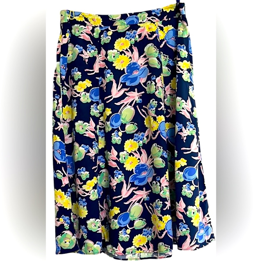 TALBOTS Navy Blue/Mint/Yellow/Pink Floral A-Line Skirt, Size 12 Petite, GUC.